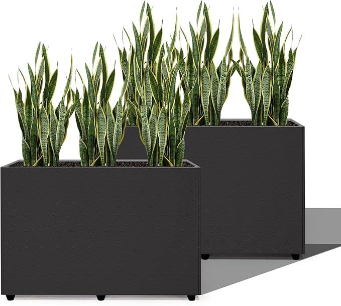 2 Pack Planter Box Rectangular Block - 24×16×12IN Galvanized Steel Long Planter Easy Installation Modern Outdoor Tall Planters All-Weather Use with Drainage Holes for Patio/Porch(Black)