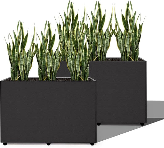 2 Pack Planter Box Rectangular Block - 24×16×12IN Galvanized Steel Long Planter Easy Installation Modern Outdoor Tall Planters All-Weather Use with Drainage Holes for Patio/Porch(Black)