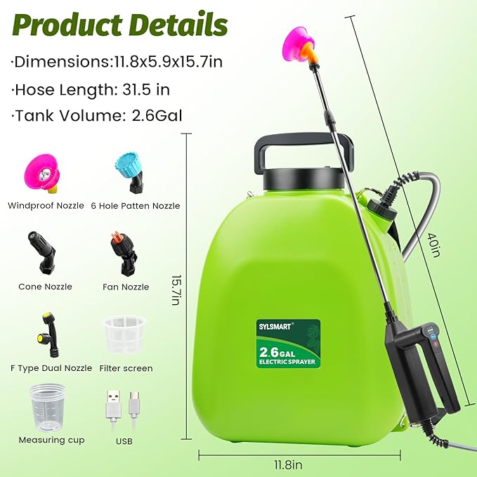 Battery Powered Backpack Sprayer 2.6 Gallon, Electric Lawn & Garden Sprayer with 4 Nozzles, 3 Modes, USB Rechargeable, Portable Yard Sprayer for Weed Killer, Fertilizer, Cleaning, Watering