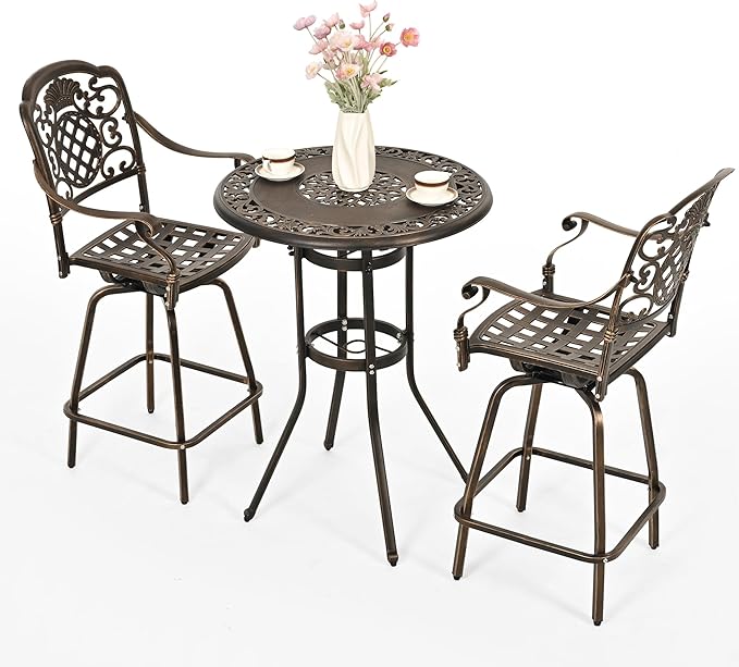 Pamapic 3-Piece Patio Swivel Bar Stools Set，Rustproof Cast Aluminum Patio Bar Sets 2，All-Weather High TopTable and Chairs Furniture Set Garden, Balcony, Bronze