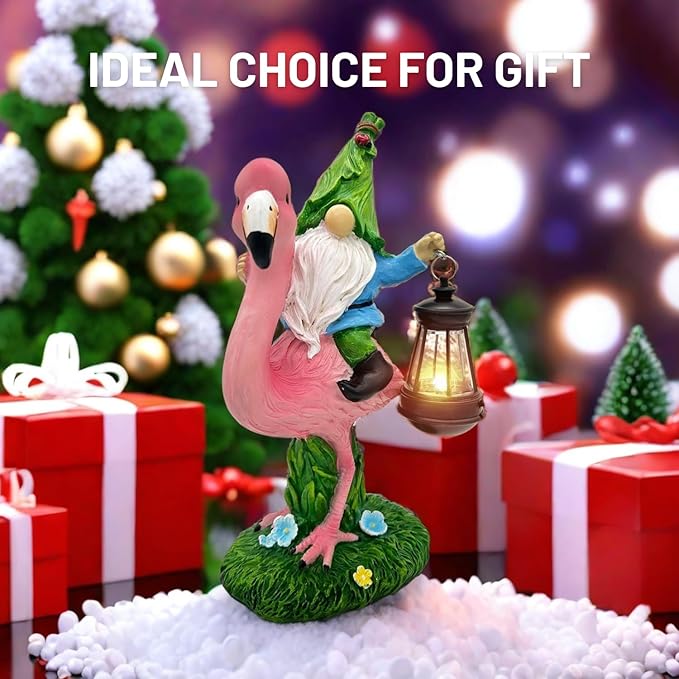 Gnomes Flamingo with Solar Lantern, Whimsical Decor for Garden, Yard, Patio, Lawn, LED Lights - Unique Gift for Women, Mom, Friends(Blue Gnomes)