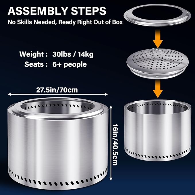 HGD 27.5" Smokeless Fire Pit Outdoor, Stainless Steel Wood Burning Firepit with Secondary Combustion, Backyard Patio Stove for Garden, BBQ & Bonfire