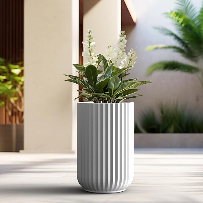 Kante Tall Fulted Planter, 21.7 Inch Tall Round Concrete Plant Pots with Drainage Hole and Rubber Plug, Modern Decor for Indoor Outdoor Plants, Flower, White