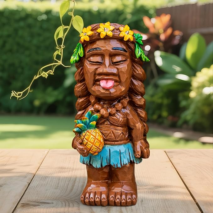 Solar Tiki Girl Garden Statue Tiki Lady Holding Pineapple Figurine with Flower LED Lights Bar Patio Porch Yard Art Outdoor Fall Decoration Halloween Birthday Christmas Gardening Gift for Mom Women