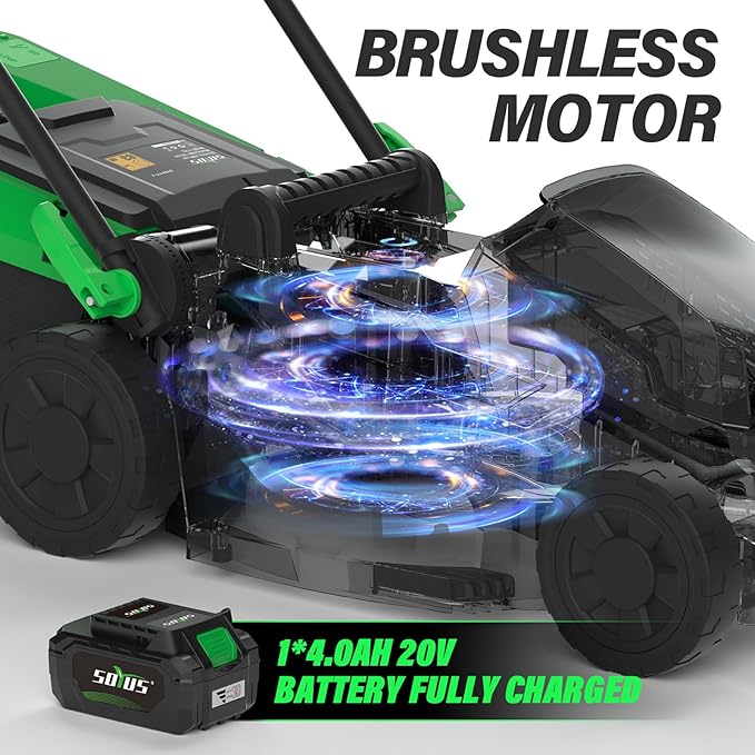 SOYUS Lawn Mower Cordless, 13 Inch 20V Electric Lawn Mowers with Brushless Motor, 5-Position Height Adjustment, 4.0Ah Battery & Charger Included
