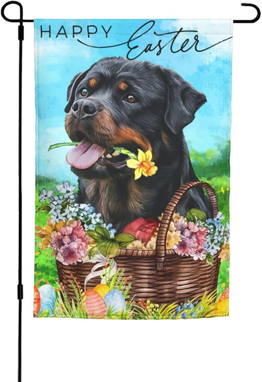 Happy Easter Rottweiler Dog Black Flower Eggs Garden Flag Welcome Party Outdoor Outside Decorations Picks Home House Garden Yard Decor 12x18 Inch