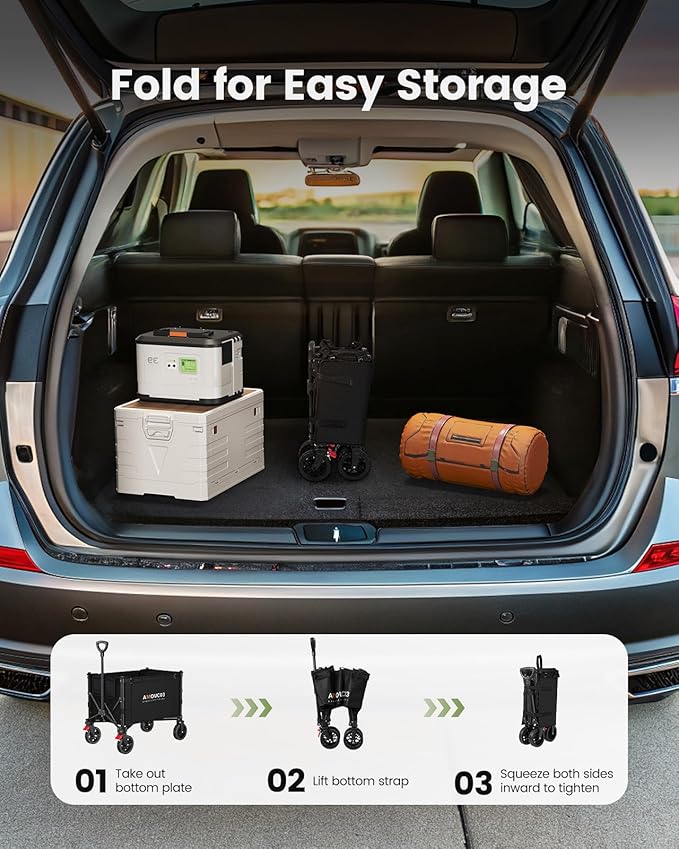 Wagons Carts Foldable, Collapsible Wagon Cart with 220 lbs Max Load and Expandable Storage Space, Heavy-Duty Foldable Wagon Cart with Wheels for Groceries, Shopping, Sport, Beach,Garden and Camping