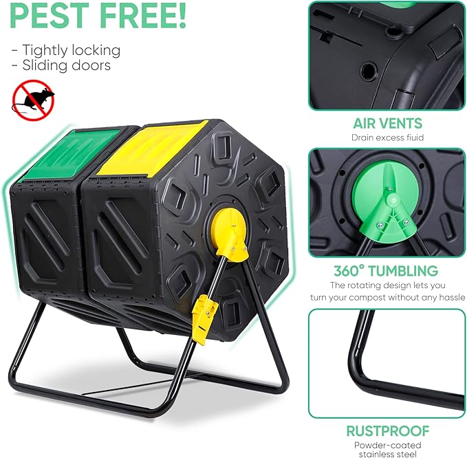 F2C Dual Chamber 37 Gallon Compost Tumbler All-Season Outdoor BPA Free Large Composter Bin w/ 2 Sliding Doors and Solid Steel Frame