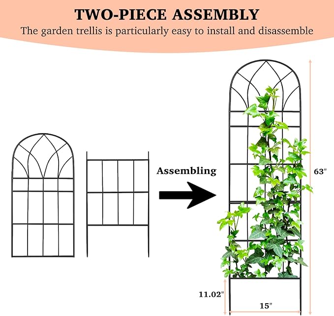 Garden Trellis for Climbing Plants Outdoor, 62"X15" Metal Garden Trellises, Decorative Garden Fencing Flower Trellis with Durable Powder Coating for Vines, Vegetable Support, Black (4, Pattern-B)