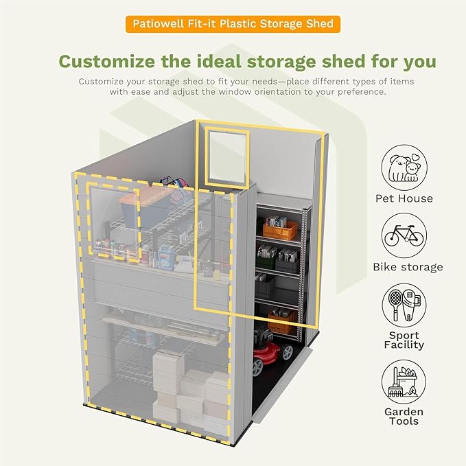 Patiowell 6 x 4 FT Outdoor Storage Shed, Plastic Tool Shed with Lockable Door & Window, Weather-Resistant Garden Shed with Floor for Backyard, Patio, Easy Assembly, Light Grey