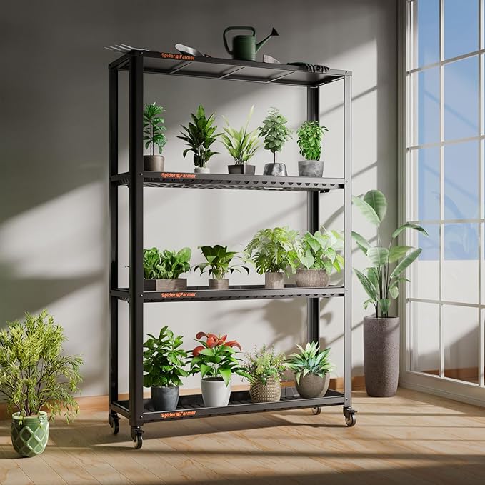 Spider Farmer Plant Stand 3 Tier Heavy-Duty Metal SF600 Plant Shelf With Waterproof Trays and Lockable Wheels For Flower Pot Display Easy Assembly Rack Black Indoor Outdoor 46Lx15Dx70H