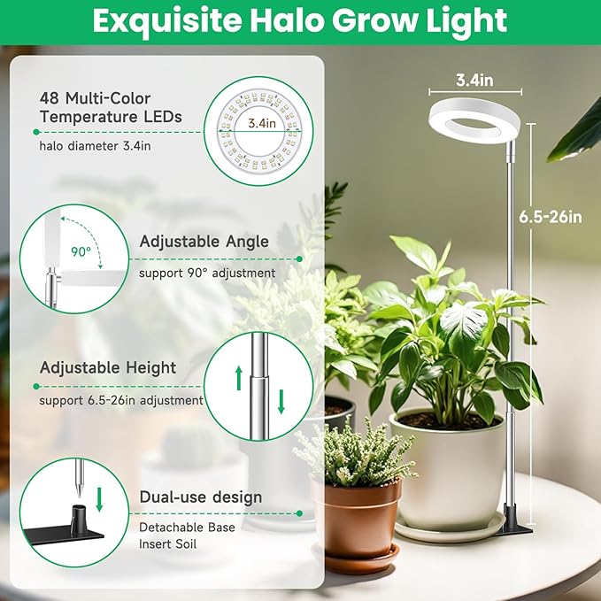 Grow Light, Full Spectrum Plant Lights for Indoor Growing with with 3/9/12H Timer, 3 Color Modes, 10 Brightness, 6.5"-26" Height Adjustable Halo Grow Light with Base, 3 Pack(3.4in)