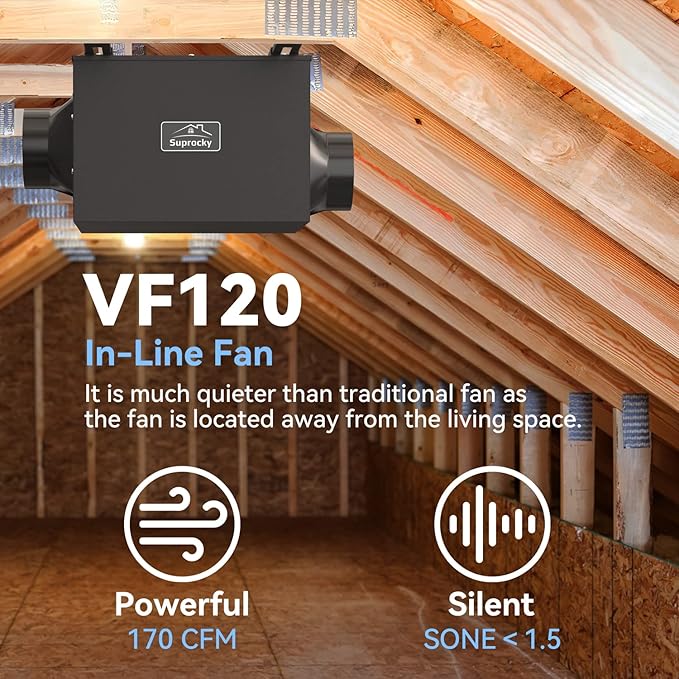 170CFM Ultra Quiet In Line Fan, Remote Mount Exhaust Ventilation Fan for Bathroom, Kitchen, Garage and Residential Applications, Black