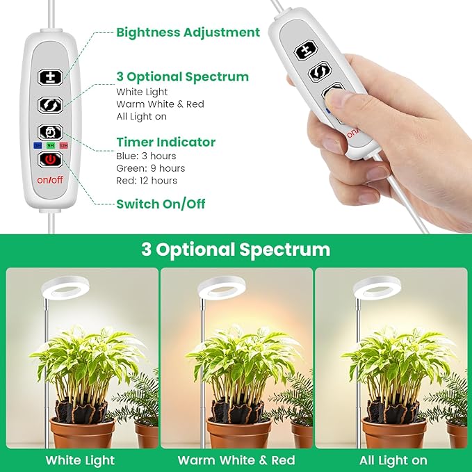 Grow Lights for Indoor Plants, Full Spectrum Plant Lights for Indoor Growing with with 3/9/12H Timer, 3 Color Modes, 10 Brightness, 6.5"-26" Height Adjustable Small Grow Light, 1 Pack(3.4in)