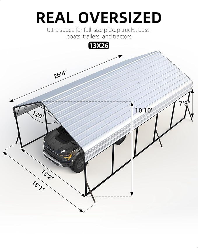 13x26x10 FT Metal Carport with Reinforced Frame, Galvanized Steel Roof & Enhanced Base Heavy Duty Car Ports for All-Weather Car Garage Shelter for Car, Truck, Pickup, SUV, Tractor, and Boat