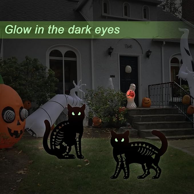 Halloween Black Cat Garden Stake Decor - 2 Pack Scary Cat Silhouette Metal Yard Signs with Glow-in-The-Dark Eyes for Outdoor Halloween Decorations