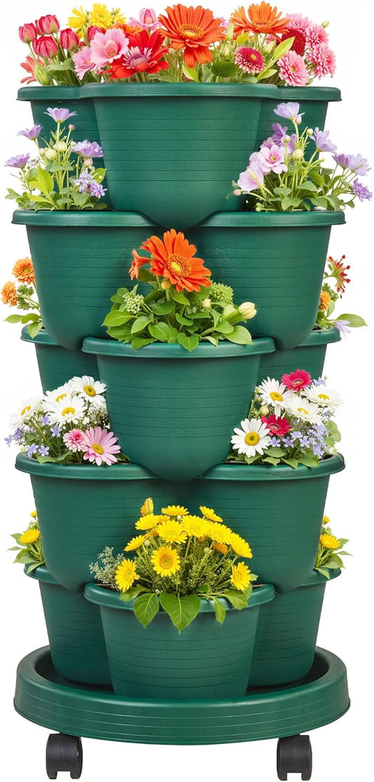VECELO 5 Tier Vertical Garden Planter, Self Watering Stackable Planters with Wheels for Strawberries, Herbs, Flowers, Vegetables, Dark Green