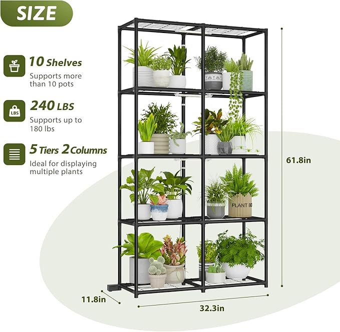 Plant Stand With Grow Lights Plant Stand Indoor Plant Shelf Metal Plant Rack Plant Holder Flower Pot Stand for Multiple Plants for Living Room Patio Balcony Garden Porch Black（5-Tier）