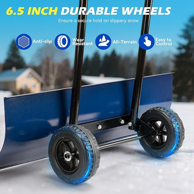 Heavy-Duty Snow Pusher Shovel,Snow Plow with Wheels,Angled Blade&Ergonomic Handle,Back-Saving Design for Efficient clearing for Drives & Paths(Blue)