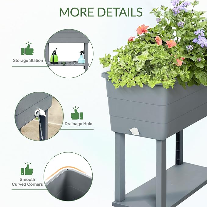 Aoodor 30'' × 14'' × 29'' Elevated Raised Planter Box with Legs, Storage Space, Plastic Drainage Plug & Water Level Indicator for Vegetables Flowers Herbs Outdoor, Gray, Set of 3
