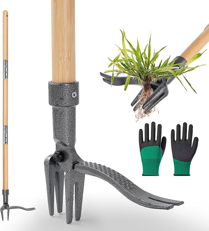 Weed Puller Stand-Up Weed Puller Tool with Long Handle & 4-Claw Steel Head Manual Weed Remover Tool for Lawn and Garden (Bamboo)