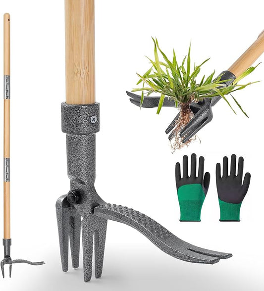 Weed Puller Stand-Up Weed Puller Tool with Long Handle & 4-Claw Steel Head Manual Weed Remover Tool for Lawn and Garden (Bamboo)