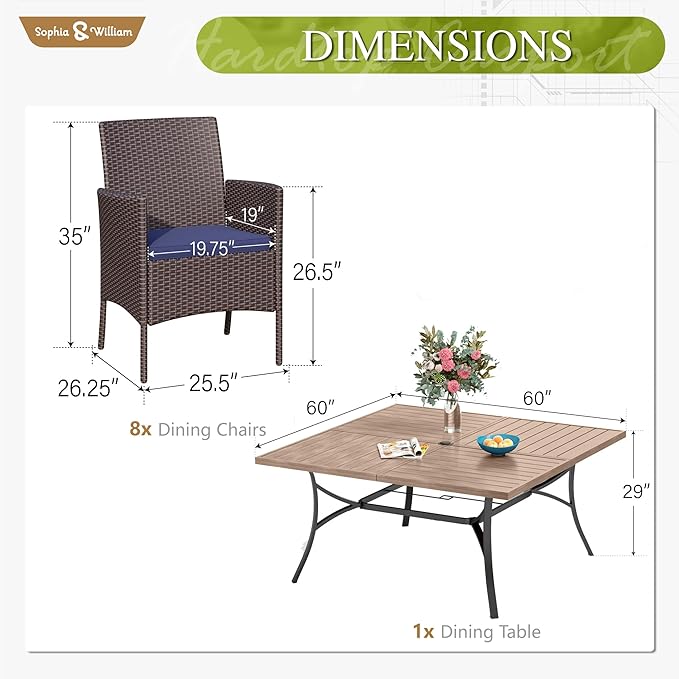 Sophia & William 9 Pieces Patio Dining Set for 8, All Weather Square Metal Patio Table and Wicker Chairs Set, Large Outdoor Dining Set for Outside, Teak Color Tabletop