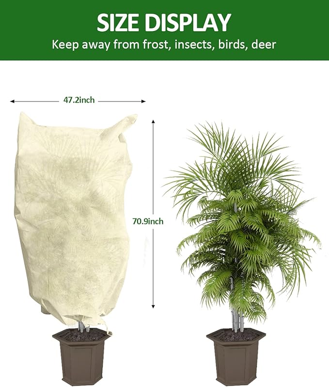 EAONE 4 Pack Plant Covers Freeze Protection, 47x71'' Winter Frosts Cloth for Outdoor Plants, Reusable Frost Blankets Drawstring Bags for Cold Freeze Sun Protection Bird Insect Prevention, Beige