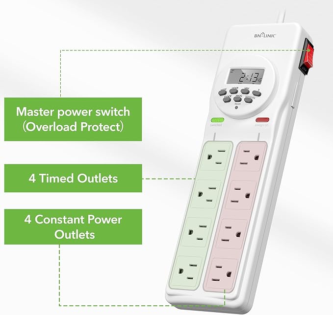 BN-LINK 8 Outlet Surge Protector with 7-Day Digital Timer (4 Outlets Timed, 4 Outlets Always On) - White