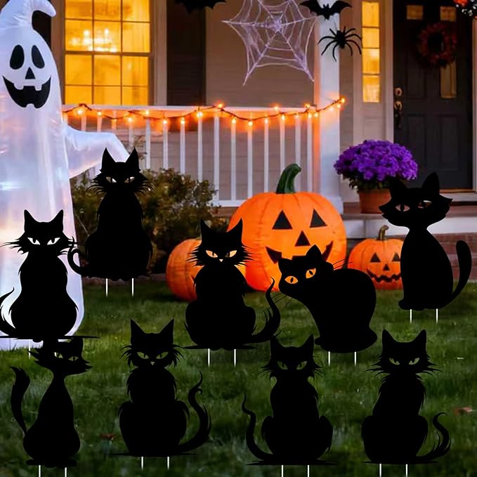 9 Pack Halloween Black Cat Yard Signs with Stakes Tree Decoration Scary Silhouette 9 Styles Halloween Decorations for Outdoor Yard Lawn Garden Decor Made of Plastic Corrugated Board