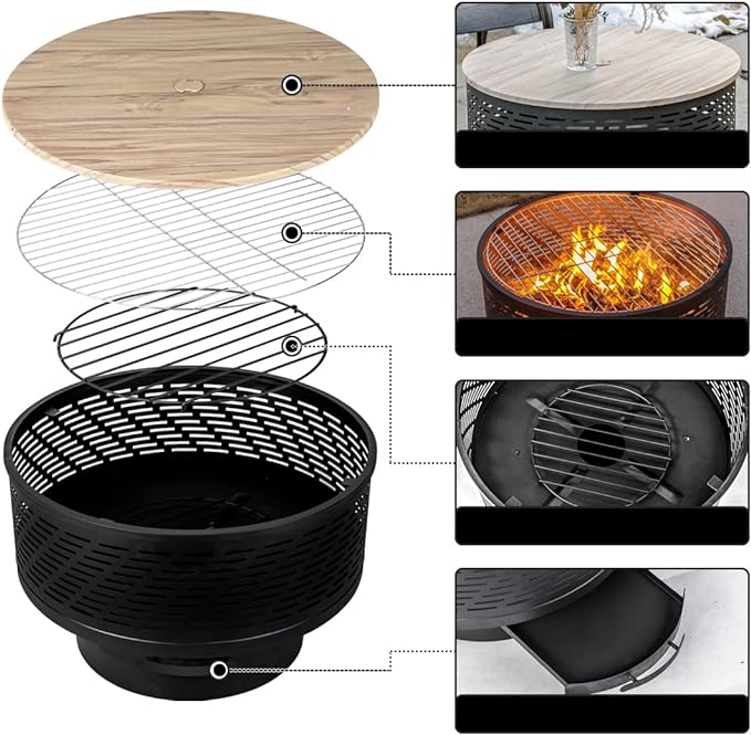 26" Wood Burning Fire Pits with Grill & Lid, Fire Pit Table for Outside with Waterproof Cover & Fire Poker, Outdoor Firepit with Functions for BBQ,Table and Bonfire
