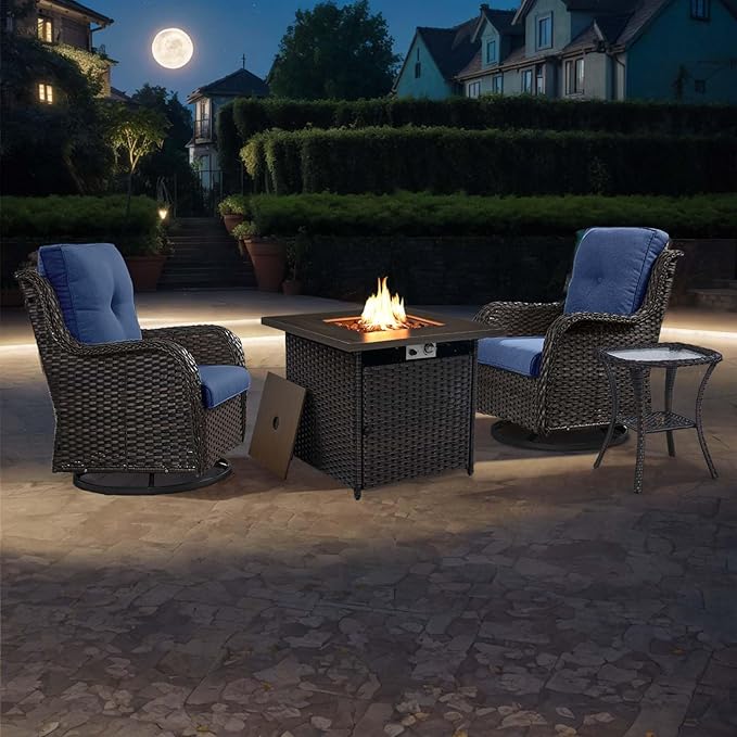 4 Pieces Patio Furniture Set with Fire Pit 50,000 BTU,Outdoor Swivel Rocker Chairs Set of 2 with PE Rattan Side Table,Wicker Outdoor Conversation Set with Rocking Chairs