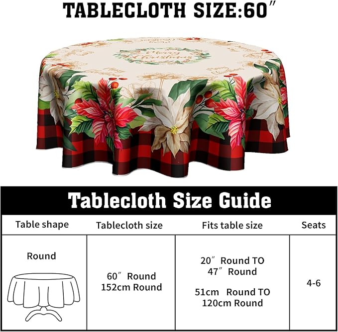 Giwawa Buffalo Check Plaid Christmas Round Tablecloth, Traditional Poinsettia Print Resistant Polyester Table Cloth with Xmas Floral and Berry for Party Decoration/Holiday 60 Inch