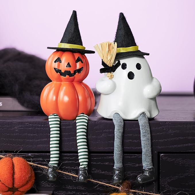 WDS WONDROUS Halloween Decoration-2 Pack Ghost Figurine & Pumpkin Statues for Indoor Mantle Shelf Sitters Table Decor, Cute Resin Pumpkin Ghost Sculpture with Hats, Legs and Broom, Spooky Gift