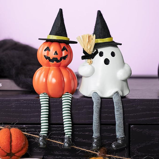 WDS WONDROUS Halloween Decoration-2 Pack Ghost Figurine & Pumpkin Statues for Indoor Mantle Shelf Sitters Table Decor, Cute Resin Pumpkin Ghost Sculpture with Hats, Legs and Broom, Spooky Gift