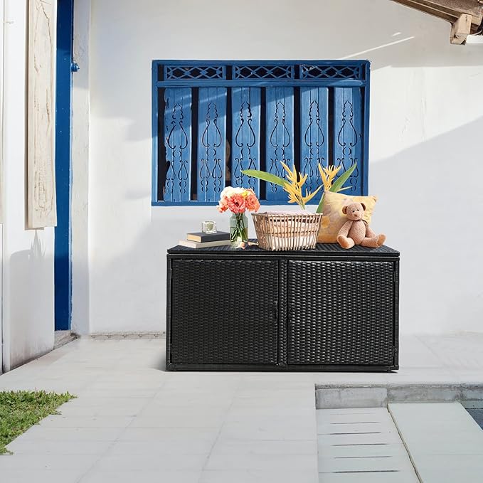 HAPPYGRILL Deck Box Outdoor Wicker Storage Box Cabinet, 88 Gallon Patio Rattan Storage Container Bin Box for Furniture Tools in Garden Balcony Porch Yard
