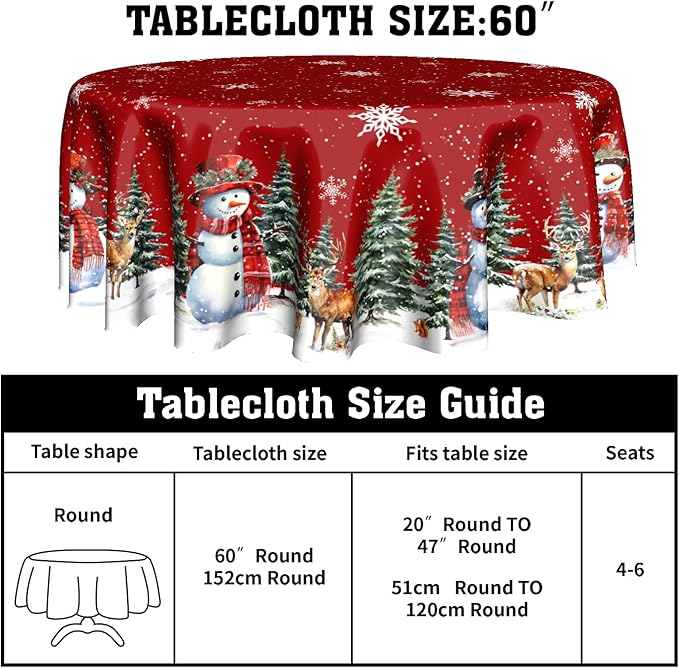 Giwawa Christmas Red Round Tablecloth 60 Inch Snowman Winter Snowflake Reindeer Decorative Table Cloth Polyester Fabric Washable Table Cover for Holiday Family Gathering Dining Party