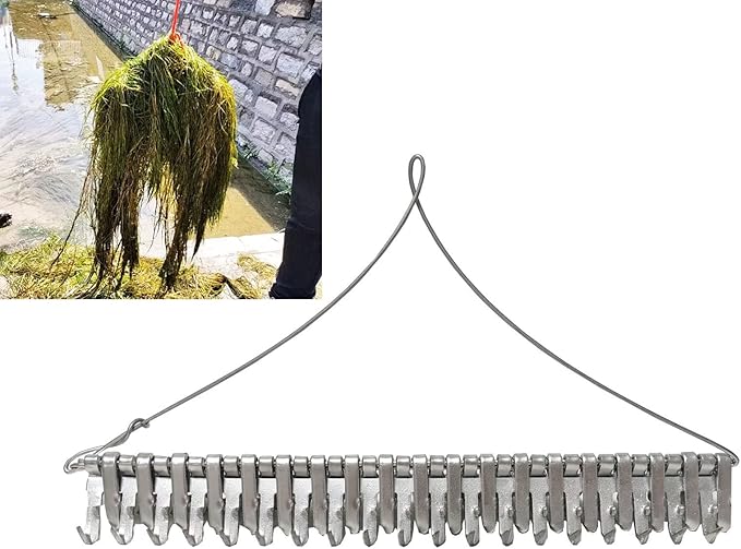 16" Pond Rake,Weed Removal Tool, 50ft Thicker Rope，Double Sided Weed Cleaning Tool Rake，or Pond, Lake, Rivulet