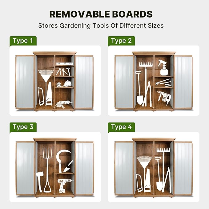 Outdoor Storage Cabinet Wood & Metal with Waterproof Roof, Garden Tool Shed with 4 adjustable reinforced feet with metal brackets, 3 Removable Shelves, 6 T-Hinge, Magnetic door,18.1"D x 49"W x 68.5"H