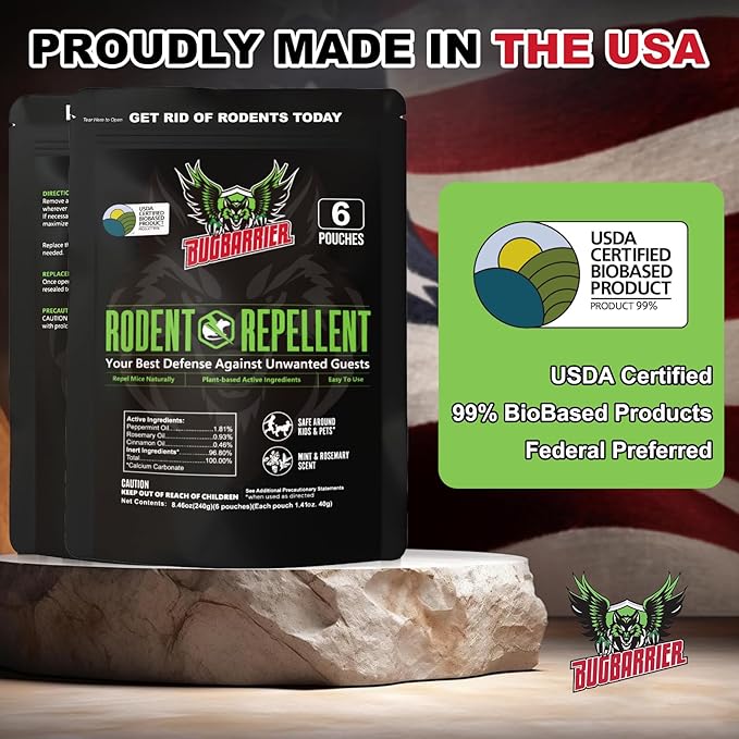 BugBarrier's Extra-Strength Mouse Repellent Deterrent Pouches, USDA 99% Biobased, Peppermint & Rosemary Oils Repel Mice Nesting in Car, RV, Boat, Garage, Shed, Cabin Made in The USA (Pack of 12)