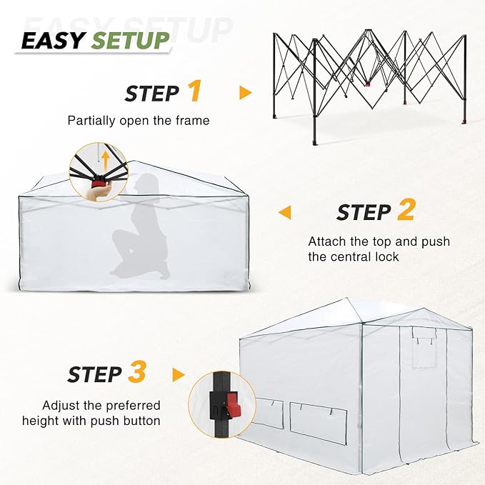 EAGLE PEAK Instant Pop-up Greenhouse, Indoor Outdoor Plant Gardening Green House, Roll-Up Zipper Doors and Side Windows, Heavy Duty Walk in 12x8 ft, Woven PE Cover, White