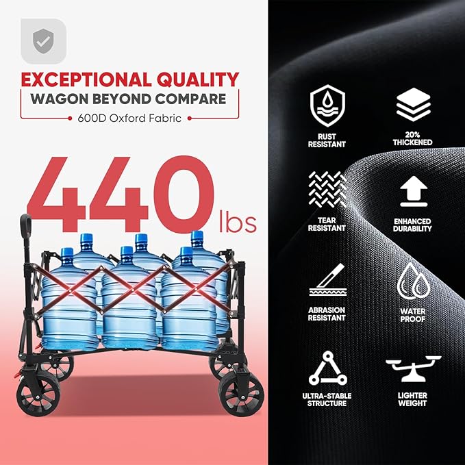Collapsible Wagon Cart with 440lbs Weight Capacity, Heavy Duty Foldable Wagon with Big All-Terrain Wheels & Drink Holders, Utility Carts for Camping, Garden, Outdoor, Grocery, Sports. Black