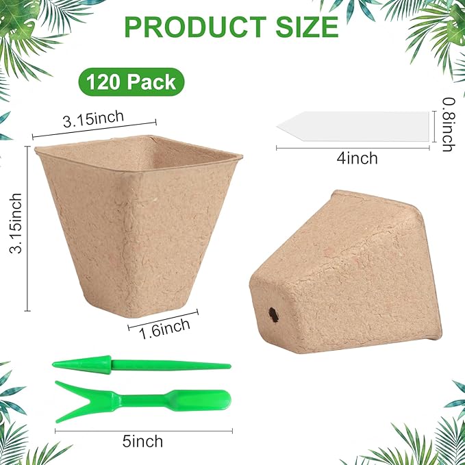 120 Pack 3.15 Inch Square Peat Pots for Seedlings, Seed Starting Pots with Drainage Holes Nursery Pot, Herb Seed Starter Pot Kits wit 30 Plant Labels, 2 Transplant Tools.