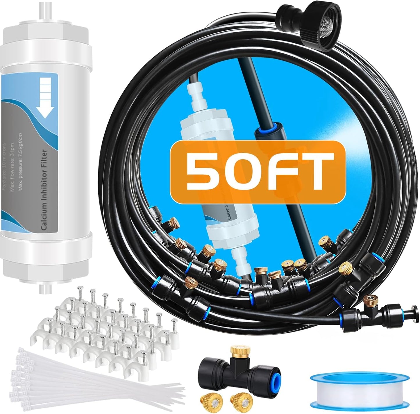 Misting System with Water Filter - Upgraded Signice 50 Ft (15.3M) Line & 12 Brass Mist Nozzles Outdoor Misters for Patio Cooling Mister Systems Kit for Outside Garden Backyard Greenhouse (Black)
