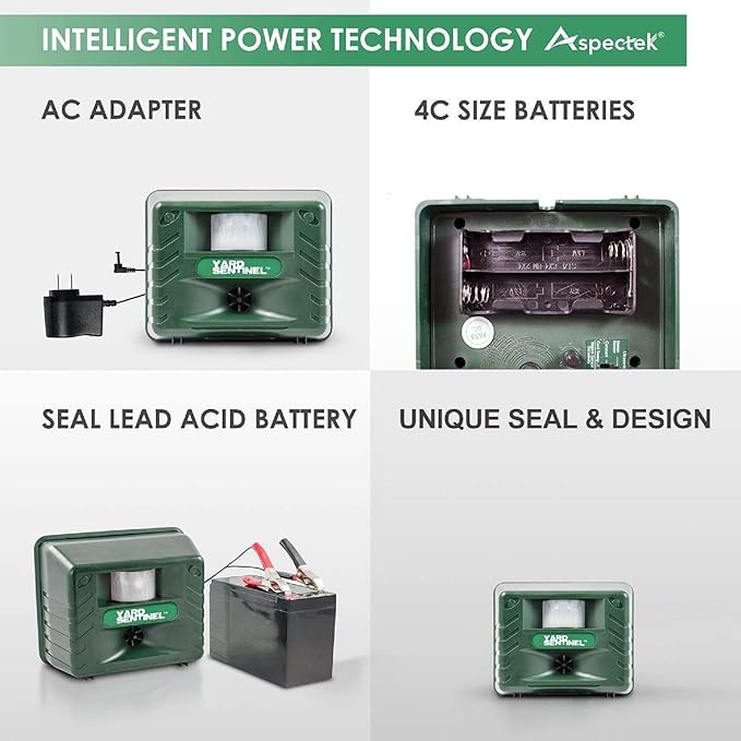 ASPECTEK Yard Sentinel Outdoor Ultrasonic Animal Repeller with Motion Sensor, Adjustable Volume, Waterproof, Extension Cord, Powerful Repel for Squirrel, Raccoon, Skunk, Rabbit, Fox, Deer, Etc