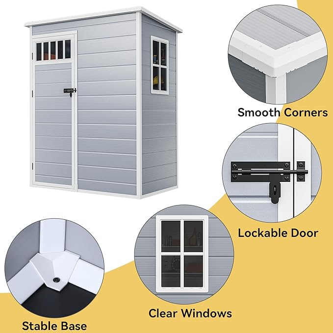 DWVO 5x3FT Outdoor Storage Shed with Fence-Style and Side Windows, Floor, Lockable Doors, Plastic Storage Shed for Backyard and Garden, Gray