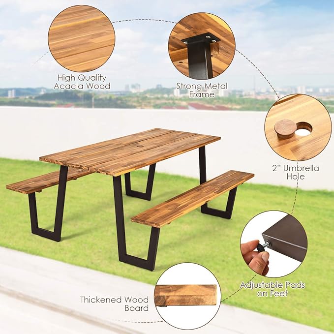 Giantex Picnic Table Bench Set with Umbrella Hole, Outdoor Dining Table Set, 70'' Acacia Wood Picnic Beer Table with Metal Frame Patented