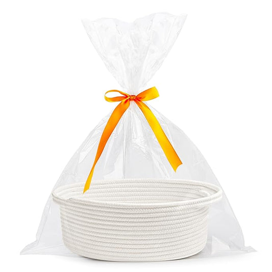 Pro Goleem Small Woven Basket with Gift Bags and Ribbons Durable Baskets for Halloween Gifts Empty Small Rope Basket for Storage 12"X 8" X 5" Baby Toy Baskets with Handles, White