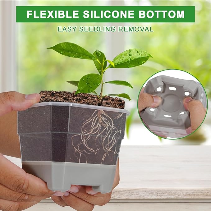 Aobiono 10 Packs 4 Inch Clear Nursery Pots with Reinforced Silicone Base for Easy Transplant, Reusable Seed Starter Seedling Small Plant Flower Planter Pots with Drainage Holes (Gray, 10 Packs)