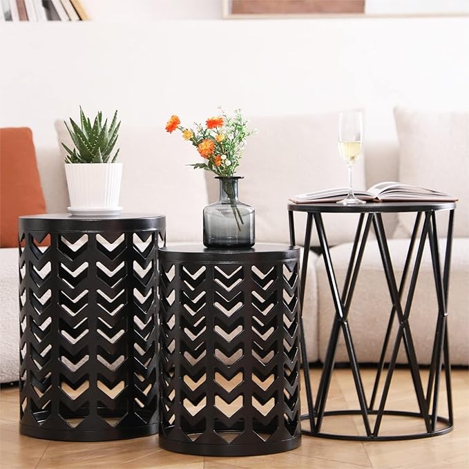 HFHOME Round Metal Coffee End Tables, Set of 3 Modern Furniture Nightstands Decor Side Tables Plant Stand for Home Office Indoor Garden Outdoor- Black